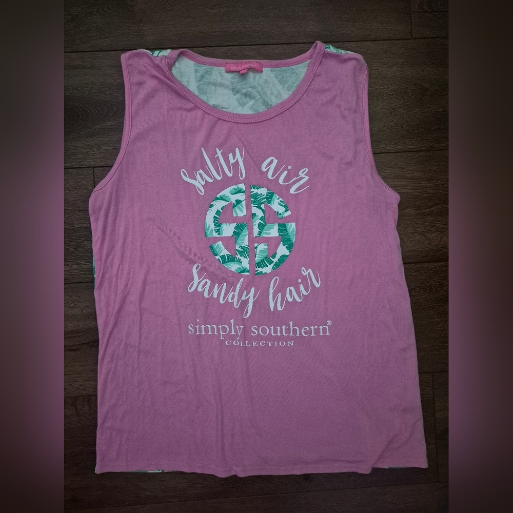 Simply Southern Salty Air Sandy Hair Pink Palm Trees Summer Beach Tank Top Sz L